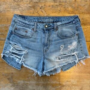 American Eagle Hi-Rise Festival Jean Shorts Distressed Crochet Pocket, Size 10